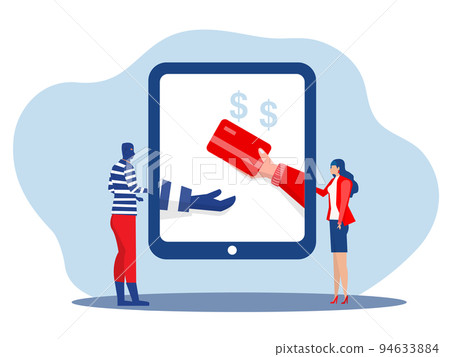 The scammer stealing a bank card from attack on laptop for online banking app Scammer,phishing fraud, scam laptop ,vector illustration. The scammer stealing a bank card from attack on laptop for online banking app Scammer,phishing fraud, scam laptop ,vector illustration. 94633884