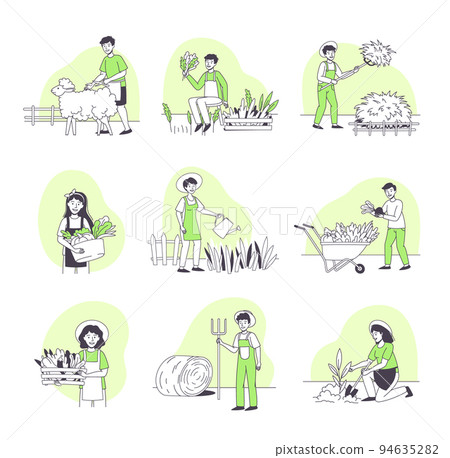 Farmer People Character Doing Agricultural Work Harvesting Crop and Shearing Sheep Vector Set 94635282