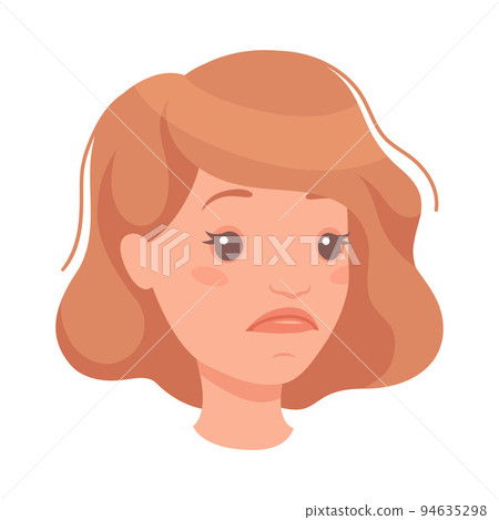 Woman Head with Short Brown Hair Showing Sad Face Expression and Emotion of Unhappiness Half-turned Vector Illustration 94635298