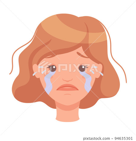 Woman Head with Short Brown Hair Showing Sad Face Expression and Emotion Crying Front Vector Illustration Woman Head with Short Brown Hair Showing Sad Face Expression and Emotion Crying Front Vector Illustration 94635301