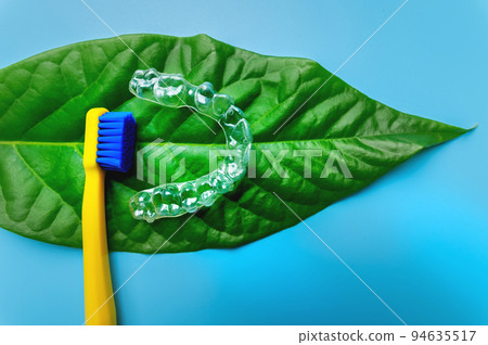 bright toothbrush with plastic aligners lies on a juicy green leaf. on a blue background, top view, nobody 94635517