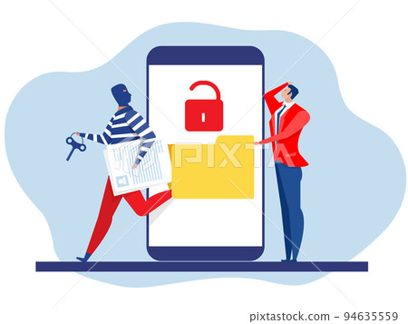 Pirate  steal data ,hacker attack on file while business sleeping vector illustration. Attack hacker to data, phishing and hacking crime 94635559