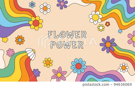 Groovy psychedelic flower power frame. Abstract art. Boho music banner. Bohemian positive logo. Hippies border. Blossoms rainbow traces. Colorful blooms. Funny floral background. Vector illustration Groovy psychedelic flower power frame. Abstract art. Boho music banner. Bohemian positive logo. Hippies border. Blossoms rainbow traces. Colorful blooms. Funny floral background. Vector illustration 94636069
