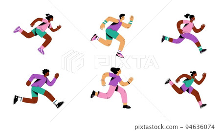 People run. Human action runners in marathon, man and woman do exercises, girl and boy in fast sprint. Bright sportswear contemporary person. Vector illustration cartoon flat style trendy characters People run. Human action runners in marathon, man and woman do exercises, girl and boy in fast sprint. Bright sportswear contemporary person. Vector illustration cartoon flat style trendy characters 94636074