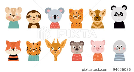 Baby animal faces, cute characters heads, baby shower collection forest wildlife child card, simple zoo birthday party decor. Funny sloth, koala and tiger. Kids print and nursery. Vector cartoon icons 94636086