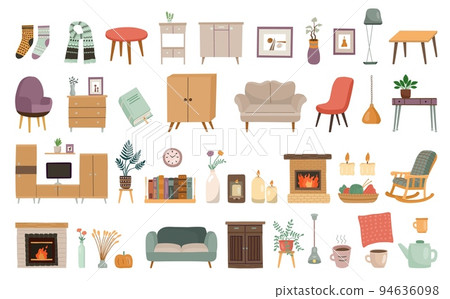 Interior decor. House furniture. Lamp and fireplace. Table plants. Comfortable sofa or armchair. Cozy design. Comfy couch. Home hygge elements set. Soft socks and tea cups. Vector modern illustration Interior decor. House furniture. Lamp and fireplace. Table plants. Comfortable sofa or armchair. Cozy design. Comfy couch. Home hygge elements set. Soft socks and tea cups. Vector modern illustration 94636098