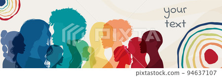 Group of multicultural diversity women and girls face silhouette profile. Female social network community of diverse culture. Business woman. Banner copy space. Spectrum rainbow colors 94637107