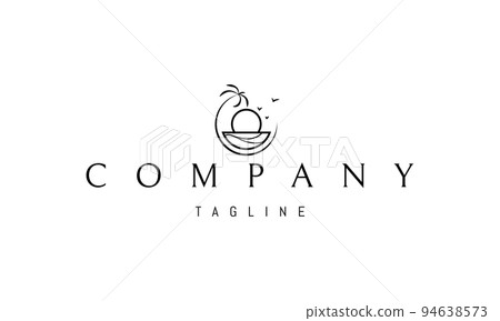 Vector logo on which an abstract image of a palm tree on the shore of an exotic resort. Vector logo on which an abstract image of a palm tree on the shore of an exotic resort. 94638573