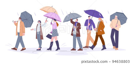 Crowd walk at rain or storm. Rainy protection, umbrella and coats. Stormy day outside and people going work. Spring autumn season weather kicky vector scene 94638803
