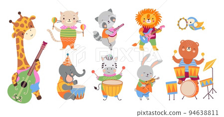 Animal musician party. Wild animals play musical instruments. Cute celebration or festival, cartoon kids characters. Nowaday funny vector musicians 94638811