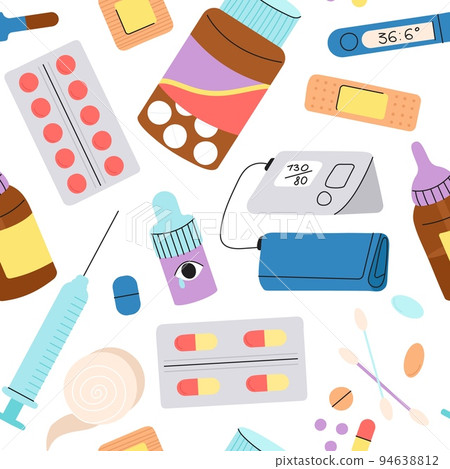 Pills seamless pattern. Drugs pharmaceutical elements, hospital or medication. Coloured pill and capsule, doctor lab tools. Pharmacy decent vector background 94638812