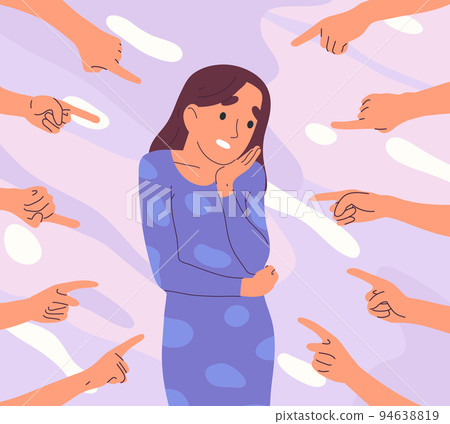 Ashamed, sad, depressed person with hands pointing index fingers. Indignant people blaming and pointing fingers at young woman vector illustration. Accusation concept Ashamed, sad, depressed person with hands pointing index fingers. Indignant people blaming and pointing fingers at young woman vector illustration. Accusation concept 94638819