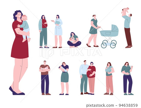 Happy pregnant characters, woman hold newborn baby. Little children with mother and father, young family. Pregnancy, motherhood kicky vector set 94638859