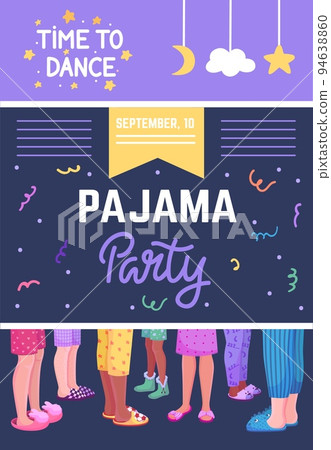 Pajama party banner. Night dance at home holiday festive. Joy weekend with friends invitation card. Legs wear fluffy cozy slippers neoteric vector background 94638860