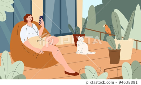 Woman rest in terrace or green balcony with cat and parrot. Home garden interior, remote work or video call. Girl with smartphone on vacation, vector scene 94638881