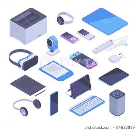 Isometric 3d gadgets, tablet, pc, printer, computer and ebook icons. Smartphone, keyboard and mouse, wireless electronic gadgets vector 3d symbols set. Digital devices 94638889