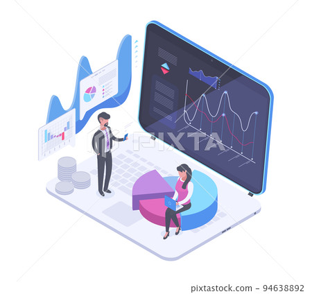 Isometric data dashboard, people digital analyse data on computer screen. Interactive charts solutions, dashboard workplace vector background illustration. Data analysing concept Isometric data dashboard, people digital analyse data on computer screen. Interactive charts solutions, dashboard workplace vector background illustration. Data analysing concept 94638892