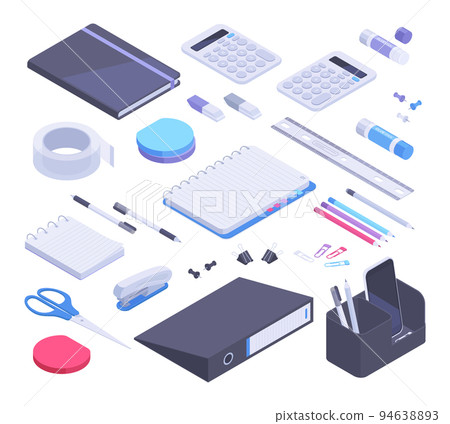 Isometric school desk stationery, 3d office tools, notebook, scissors and pencils. Stationery objects, pen, stapler and glue stick vector symbols illustrations set. School and office supplies 94638893