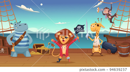 Pirates background. Wild animals in pirate costumes on island with treasures exact vector zoo cartoon set Pirates background. Wild animals in pirate costumes on island with treasures exact vector zoo cartoon set 94639237