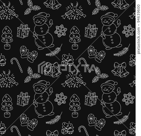 Christmas doodle pattern black and white. Vector seamless background with outline hand drawn Christmas holiday elements. Xmas design objects. Doodle repeat illustration 94639600