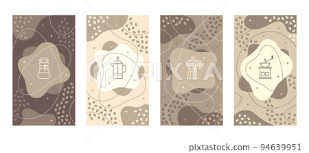 Coffee flyers or covers template, decorative fluid spots and lines. Organic vertical background, morning drinks simple tidy vector banners 94639951