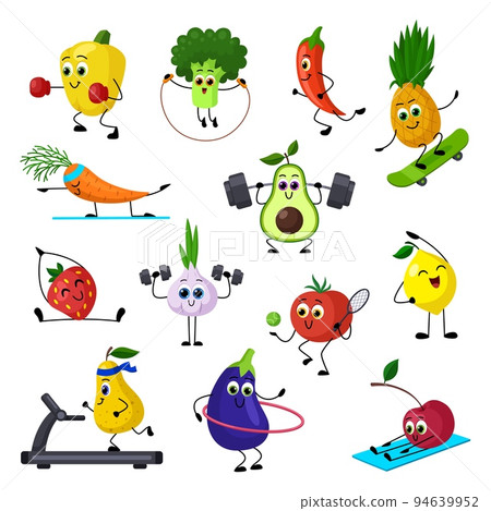 Fruits vegetables sport, funny fitness pepper. Isolated cartoon banana, yoga cherry strawberry and carrot. Avocado workout, garish healthy food exercises vector set 94639952