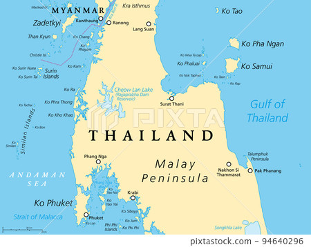 Thailand political map, from Ko Tao and Ko Samui to Phuket and Phi Phi Islands. Travel destinations west and east of Malay Peninsula, off the coast of Thailand, with most important islands and cities. 94640296