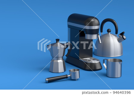 Espresso coffee machine with horn, kettle and geyser coffee maker on blue . Espresso coffee machine with horn, kettle and geyser coffee maker on blue . 94640396
