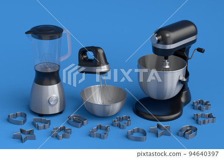 Mixer and hand mixer with kitchen utensil for preparation of dough on blue Mixer and hand mixer with kitchen utensil for preparation of dough on blue 94640397