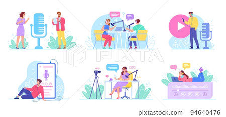 People listen podcast. Man and women in earphone relax from listening sound webinar hosting, radio listener lifestyle, record audio business training, swanky vector illustration 94640476