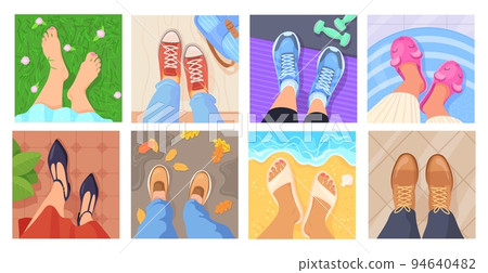 Legs selfie. Feet in sneakers top view, blogger lifestyle concept sight pair footwear on different floor carpet beach park gym home workspace or barefoot, neat vector illustration 94640482