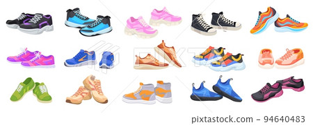 Cartoon athletic sneakers. Sport shoe pair group, fitness footwear design multicolored sneaker of active man woman walking or running comfortable footwear, neat vector illustration 94640483