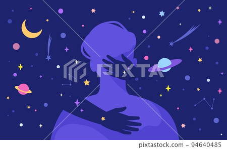 Hug universe. Woman hands hugging spiritual friend kiss dream lover mystic couple embrace occult power zen energy spirit connection abstract sexy guy silhouette vector illustration 94640485