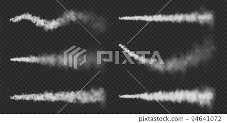 Realistic airplane condensation trails. Space rocket launch. Missile or bullet trail. Jet aircraft tracks. White smoke clouds, fog. Steam flow. Vector illustration. Realistic airplane condensation trails. Space rocket launch. Missile or bullet trail. Jet aircraft tracks. White smoke clouds, fog. Steam flow. Vector illustration. 94641072
