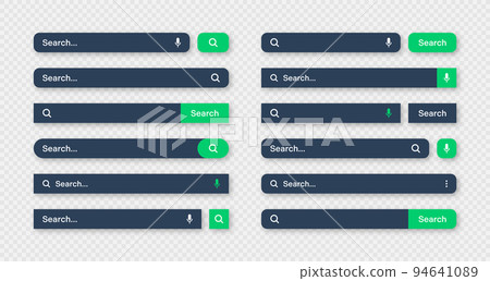 Various search bar templates, dark mode. Internet browser engine with search box, address bar and text field. UI design, website interface element with web icons and push button. Vector illustration 94641089