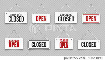 Realistic open or closed hanging signboards. Vintage door sign for cafe, restaurant, bar or retail store. Announcement banner, information signage for business or service. Vector illustration Realistic open or closed hanging signboards. Vintage door sign for cafe, restaurant, bar or retail store. Announcement banner, information signage for business or service. Vector illustration 94641090