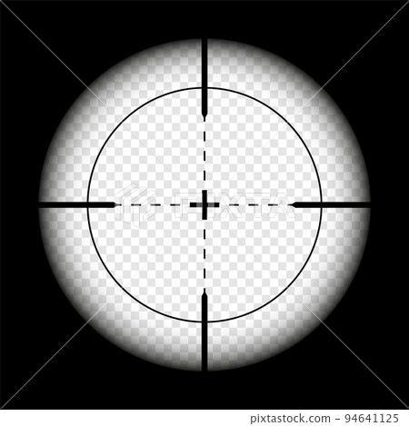 Weapon sight, sniper rifle optical scope on black background. Hunting gun viewfinder with crosshair. Aim, shooting mark symbol. Military target sign, silhouette. Game UI element. Vector illustration 94641125