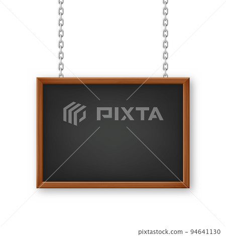 Signboard in a wooden frame hanging on a metal chain. Restaurant menu board. School chalkboard, writing surface for text or drawing. Blank advertising or presentation board. Vector illustration Signboard in a wooden frame hanging on a metal chain. Restaurant menu board. School chalkboard, writing surface for text or drawing. Blank advertising or presentation board. Vector illustration 94641130