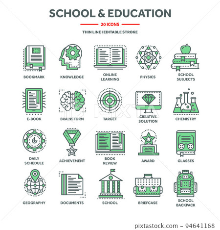 School education, university studies. Study, learning and educational process. Online lessons, e-learning with video tutorials. Knowledge acquisition. Thin line web icons set. Vector illustration 94641168