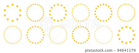 Stars of various sizes arranged in a circle. Round frame, border. Yellow star shape, simple symbol. Design element, ornament. Vector illustration Stars of various sizes arranged in a circle. Round frame, border. Yellow star shape, simple symbol. Design element, ornament. Vector illustration 94641179