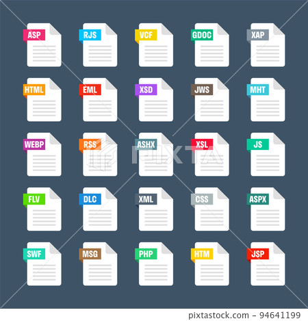 Common system file formats. Document types and extensions. Flat style icons collection. Document pictogram, web design UI element, template. Computer program or application icon. Vector illustration Common system file formats. Document types and extensions. Flat style icons collection. Document pictogram, web design UI element, template. Computer program or application icon. Vector illustration 94641199