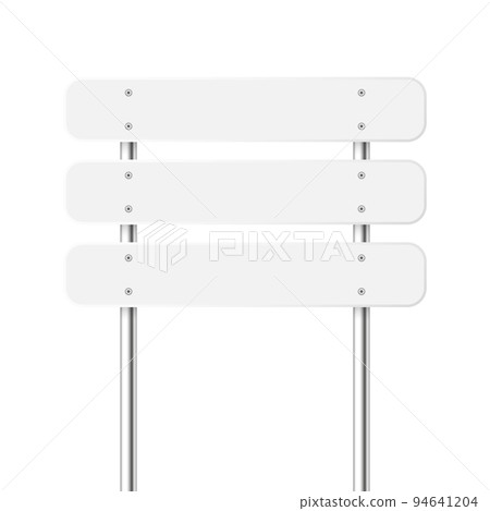 Road, traffic sign. Highway signboard on a chrome metal pole. Blank white board with place for text. Directional signage and wayfinder. Information sign mockup. Vector illustration. Road, traffic sign. Highway signboard on a chrome metal pole. Blank white board with place for text. Directional signage and wayfinder. Information sign mockup. Vector illustration. 94641204