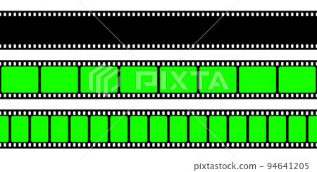 Realistic blank film strip, camera roll. Old retro cinema movie strip with green chroma key background. Analog video recording and photography. Visual effects compositing. Vector illustration Realistic blank film strip, camera roll. Old retro cinema movie strip with green chroma key background. Analog video recording and photography. Visual effects compositing. Vector illustration 94641205