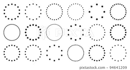 Stars of various sizes arranged in a circle. Round frame, border. Black star shape, simple symbol. Design element, ornament. Vector illustration 94641209