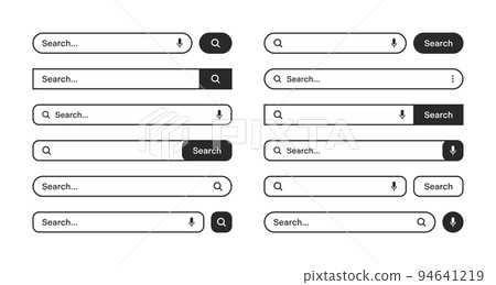 Various search bars with outline border. Internet browser engine with search box, address bar and text field. UI design, website interface element, web icons and push button. Vector illustration Various search bars with outline border. Internet browser engine with search box, address bar and text field. UI design, website interface element, web icons and push button. Vector illustration 94641219