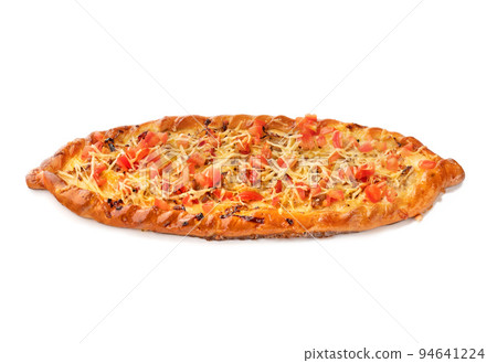 Yellow crispy adjarian khachapuri pizza on white background isolate 94641224