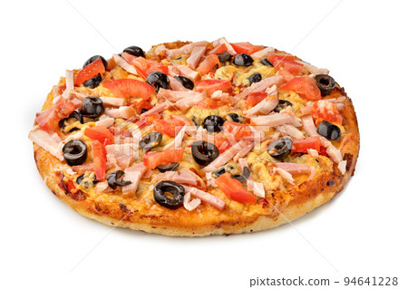 Frozen pizza on a white background. Semi-finished pizza isolated on white background. Top view. 94641228