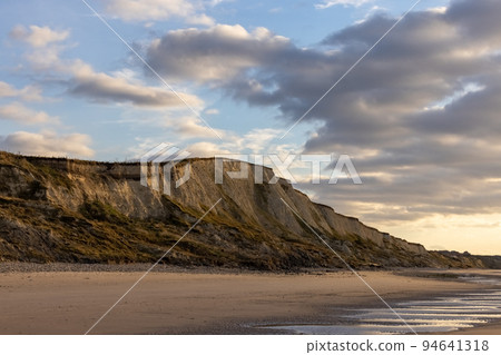 Seascape of the opal coast of Cap Blanc Nez, showing the Monument at Cape white Nose France on top Seascape of the opal coast of Cap Blanc Nez, showing the Monument at Cape white Nose France on top 94641318
