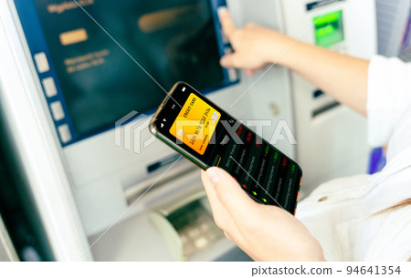 Mobile banking network. Smartphone with internet online bank application. Debit card wallet app. Save money business concept. 94641354