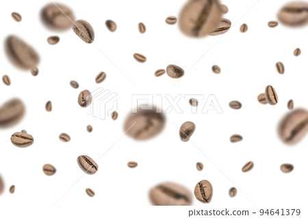 Coffee beans fall background. Black espresso coffee bean falling. Aromatic grain flying isolated on white. Concept for coffee product advertising. 94641379